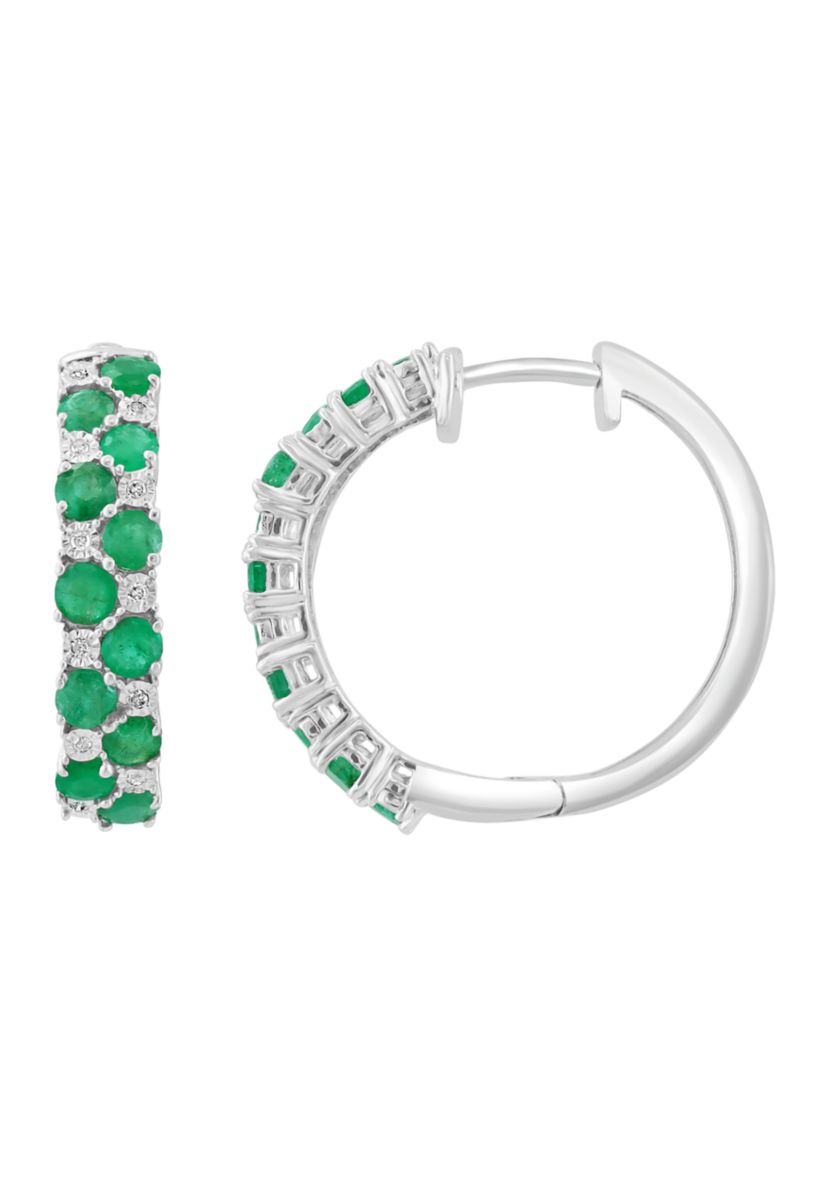 Diamond and Natural Emerald Earrings in Sterling Silver