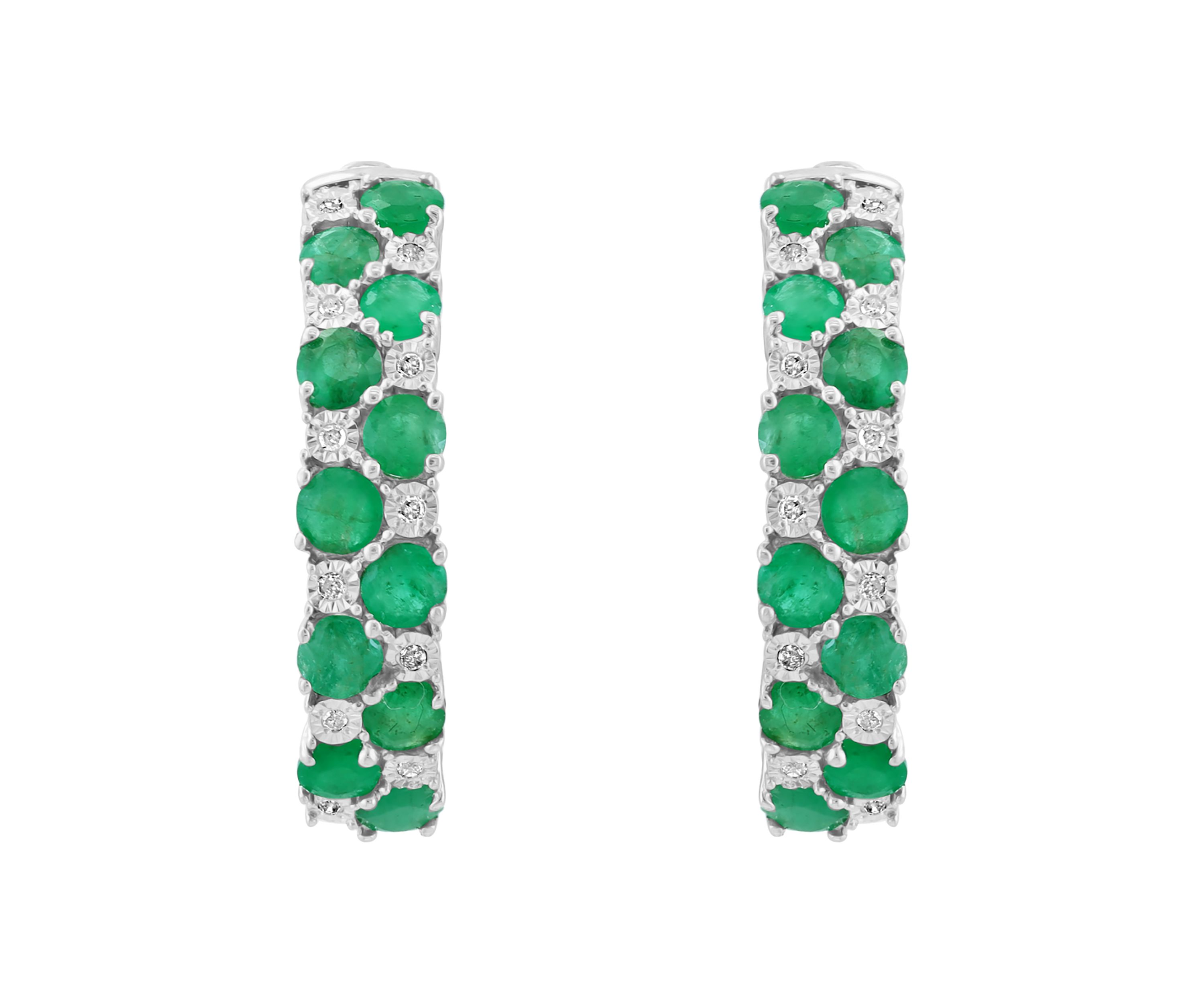 Diamond and Natural Emerald Earrings in Sterling Silver