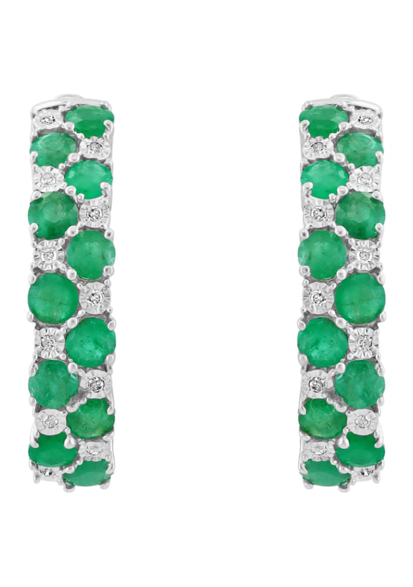 Diamond and Natural Emerald Earrings in Sterling Silver