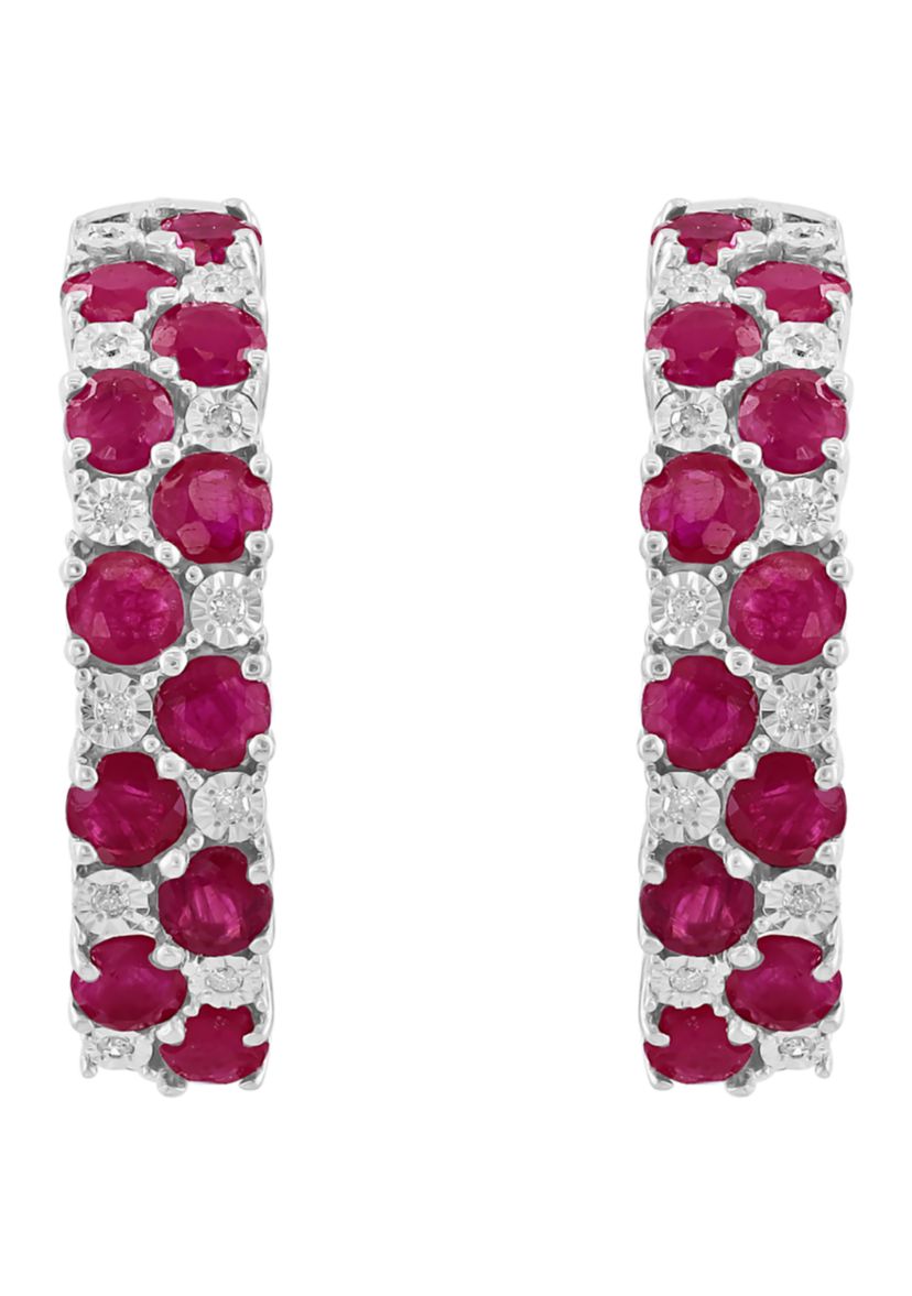 Diamond and Natural Ruby Earrings in Sterling Silver