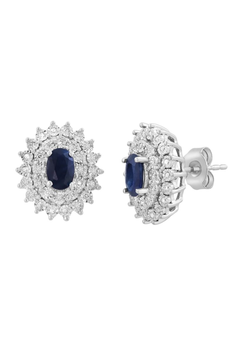 Sterling Silver Diamond Sapphire Earrings 