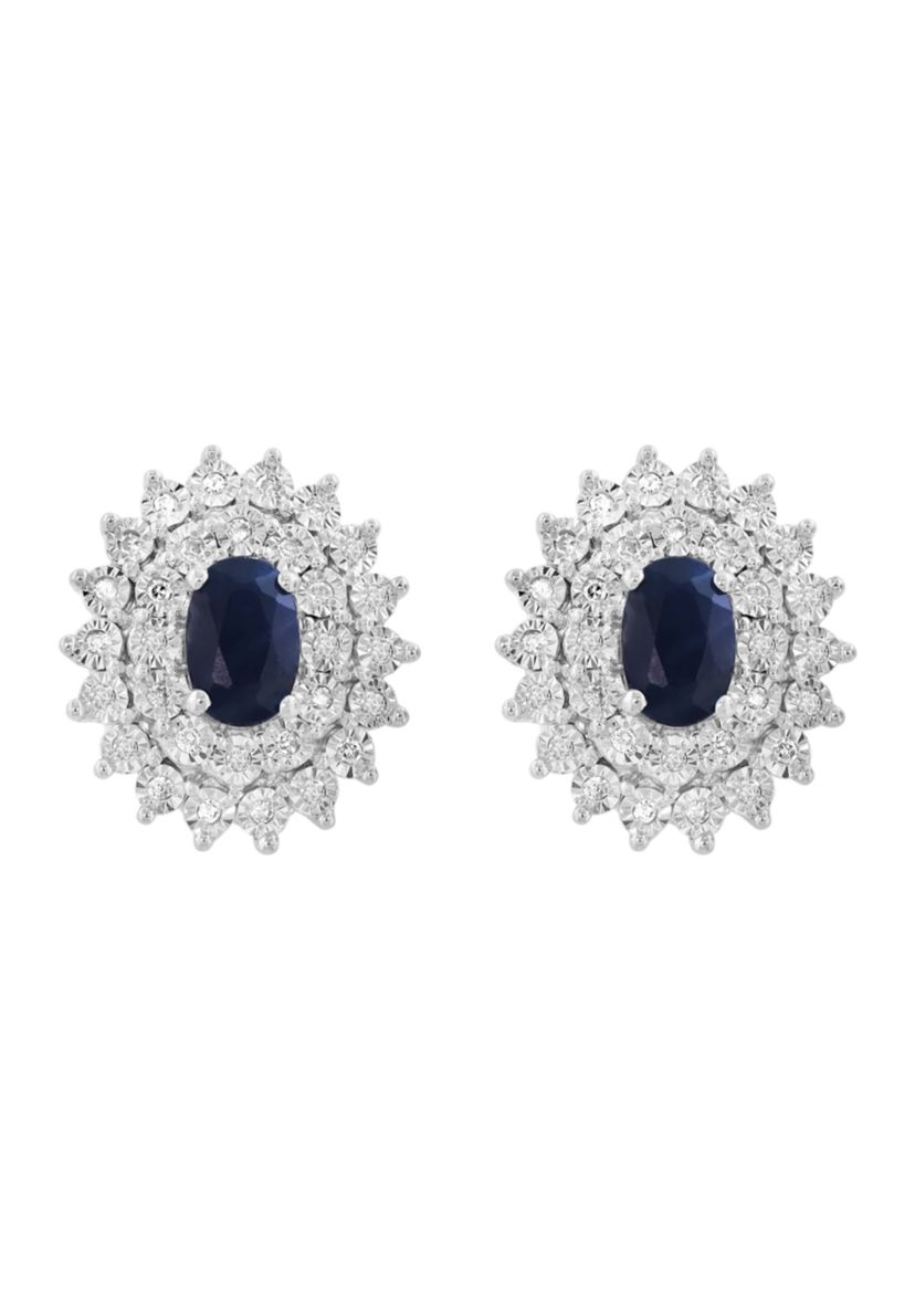 Sterling Silver Diamond Sapphire Earrings 
