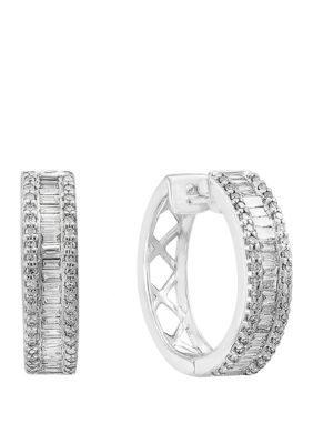 Effy 1/2 ct. t.w. Baguette and Round Diamond Hoop Earrings in 14k White Gold -  0191120231853