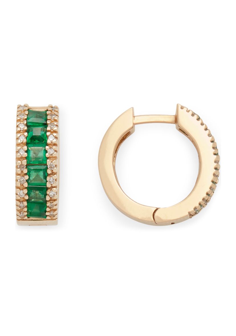 1/6 ct. t.w. Diamond and 1.37 ct. t.w. Emerald Hoop Earrings in 14K Yellow Gold 