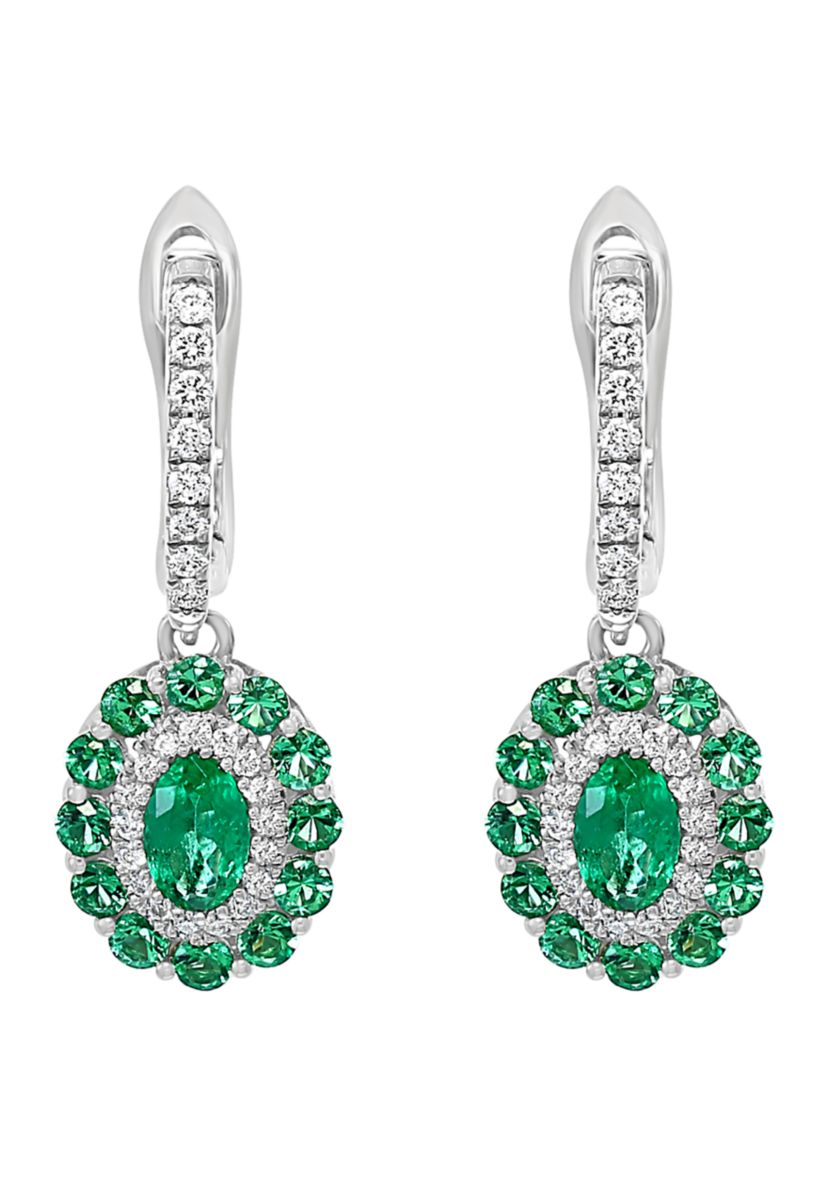 1/5 ct. t.w. Diamond and 3/4 ct. t.w. Emerald Earrings in 14k White Gold