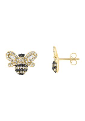 Effy 5/8 Ct. T.w. Diamond, Black Diamond, Bumble Bee Button Earrings In 14K Yellow Gold