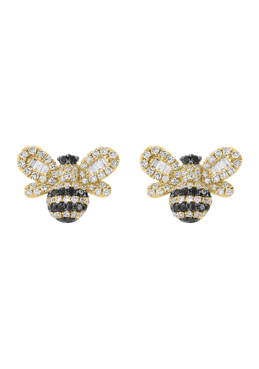 5/8 ct. t.w. Diamond, Black Diamond, Bumble Bee Button Earrings in 14K Yellow Gold 