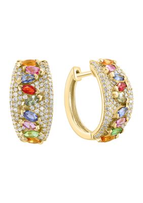 Effy 3/4 Ct. T.w. Multi Sapphire, 1.81 Ct. T.w. Diamond Hoop Earrings In 14K Yellow Gold