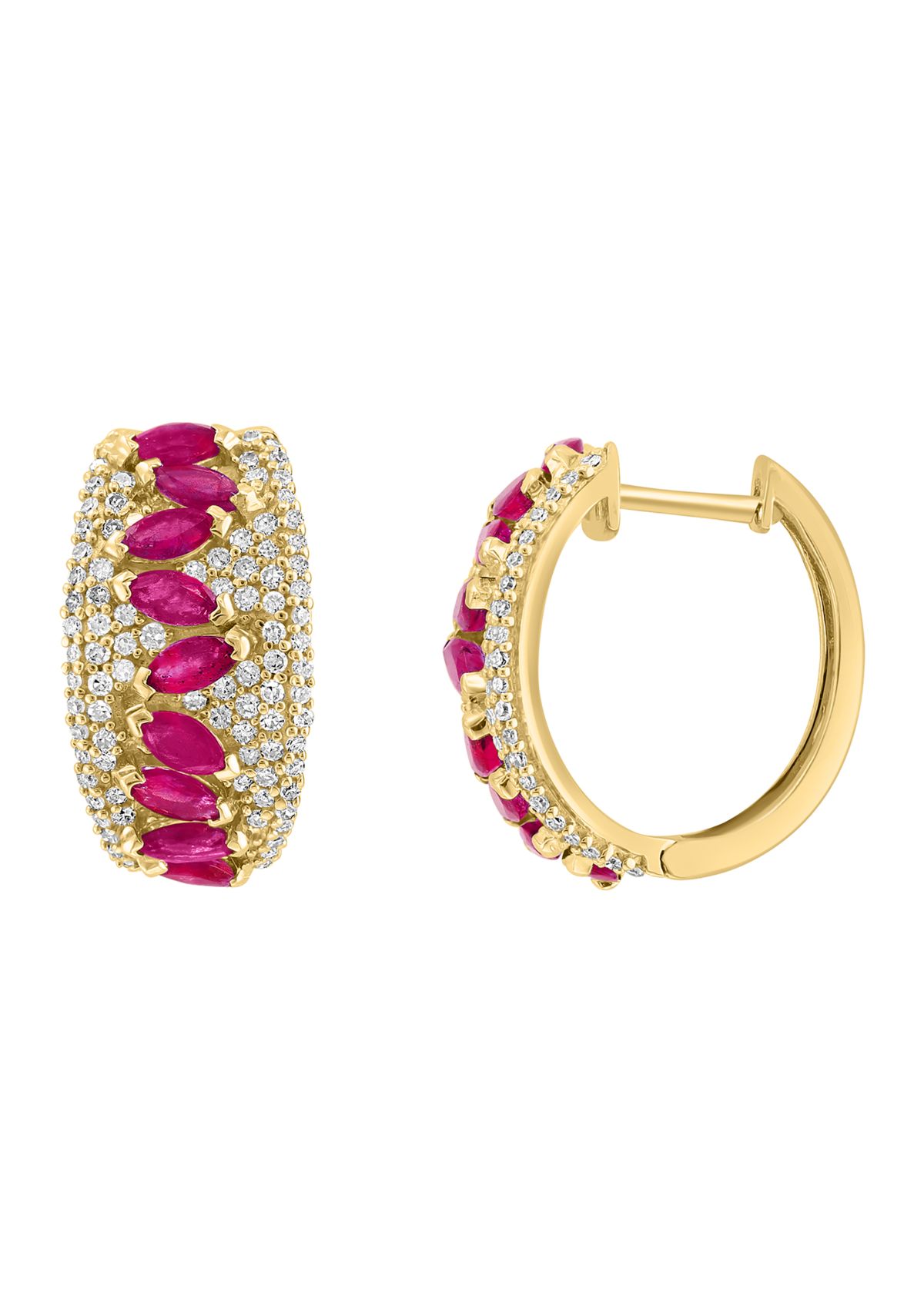 3/4 ct. t.w.  Diamond, Natural Ruby Hoop Earrings in 14K Yellow Gold 