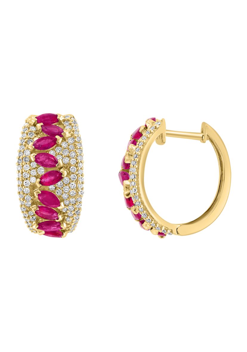 3/4 ct. t.w.  Diamond, Natural Ruby Hoop Earrings in 14K Yellow Gold 