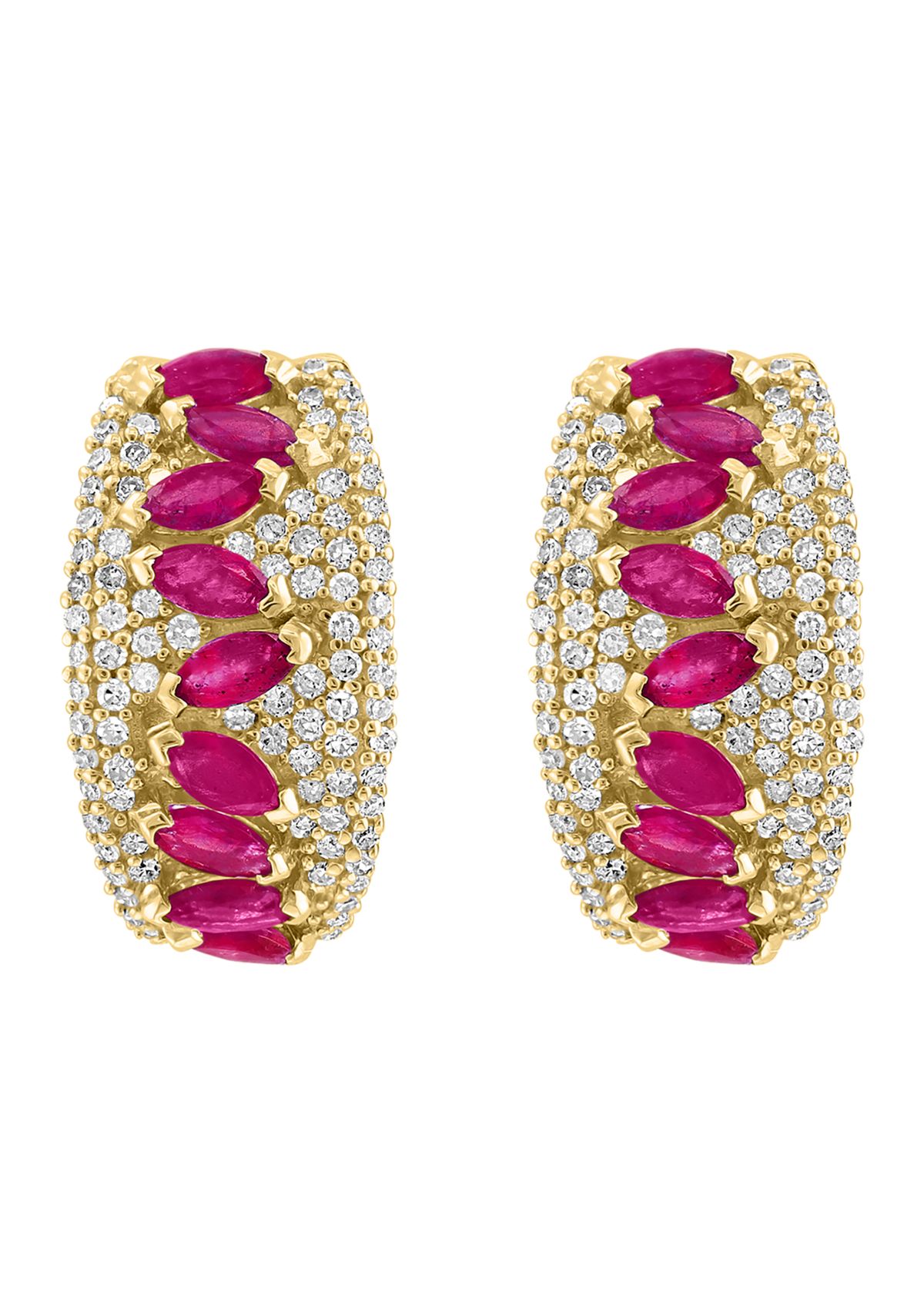 3/4 ct. t.w.  Diamond, Natural Ruby Hoop Earrings in 14K Yellow Gold 