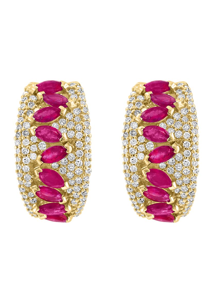 3/4 ct. t.w.  Diamond, Natural Ruby Hoop Earrings in 14K Yellow Gold 
