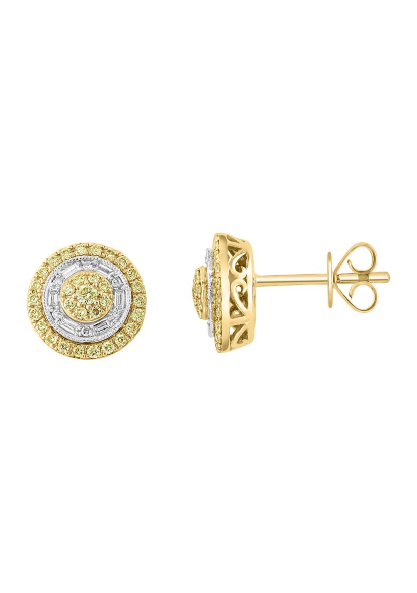 3/8 ct. t.w. Diamond, Natural Yellow Diamond, Circle Stud Earrings In 14k White & Yellow Gold