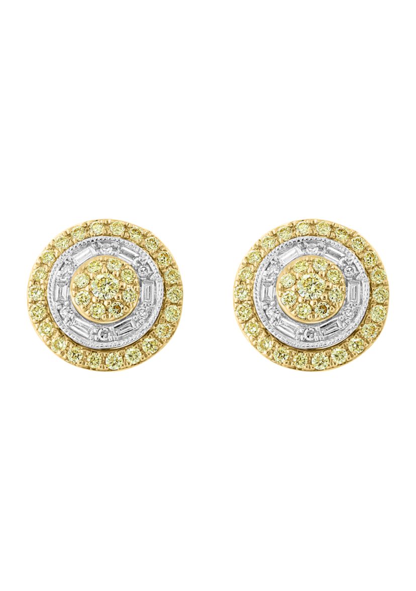 3/8 ct. t.w. Diamond, Natural Yellow Diamond, Circle Stud Earrings In 14k White & Yellow Gold