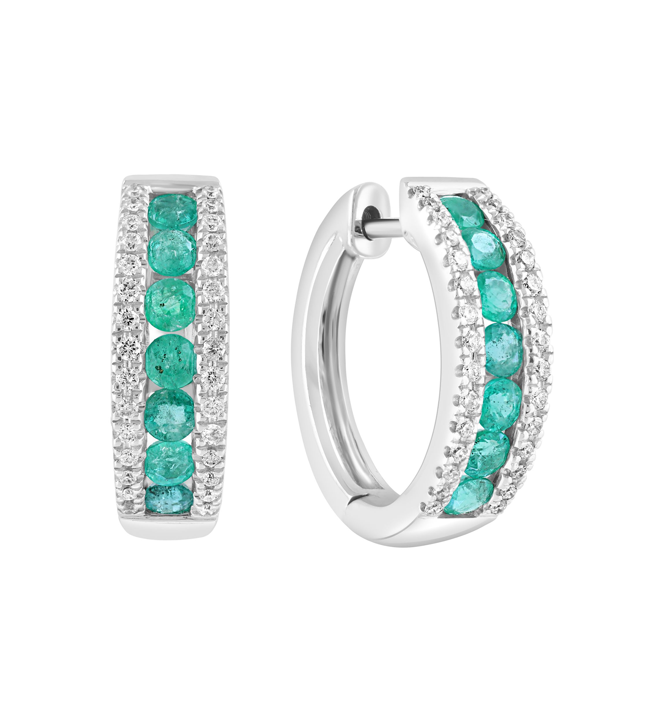 14K White Gold Diamond Emerald Earrings