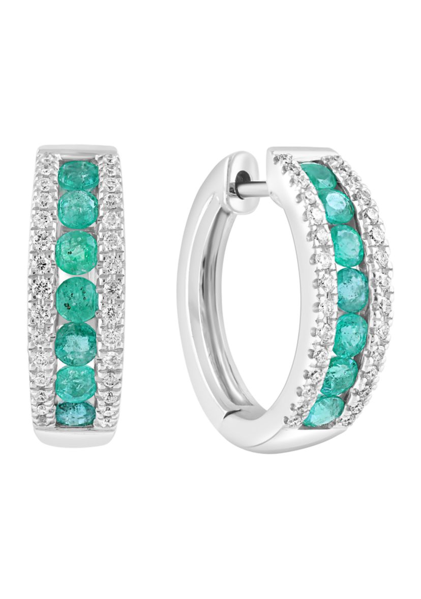 14K White Gold Diamond Emerald Earrings