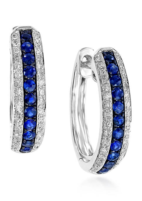 1/4 ct. t.w. Diamond and 1/3 ct. t.w. Sapphire Hoop Earrings in 14k White Gold