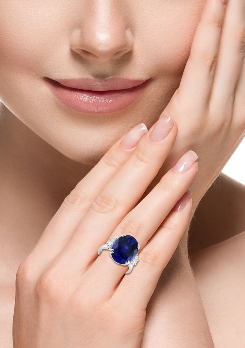 Effy® Lab Created Diamond and Sapphire Ring in 14K White Gold | Belk