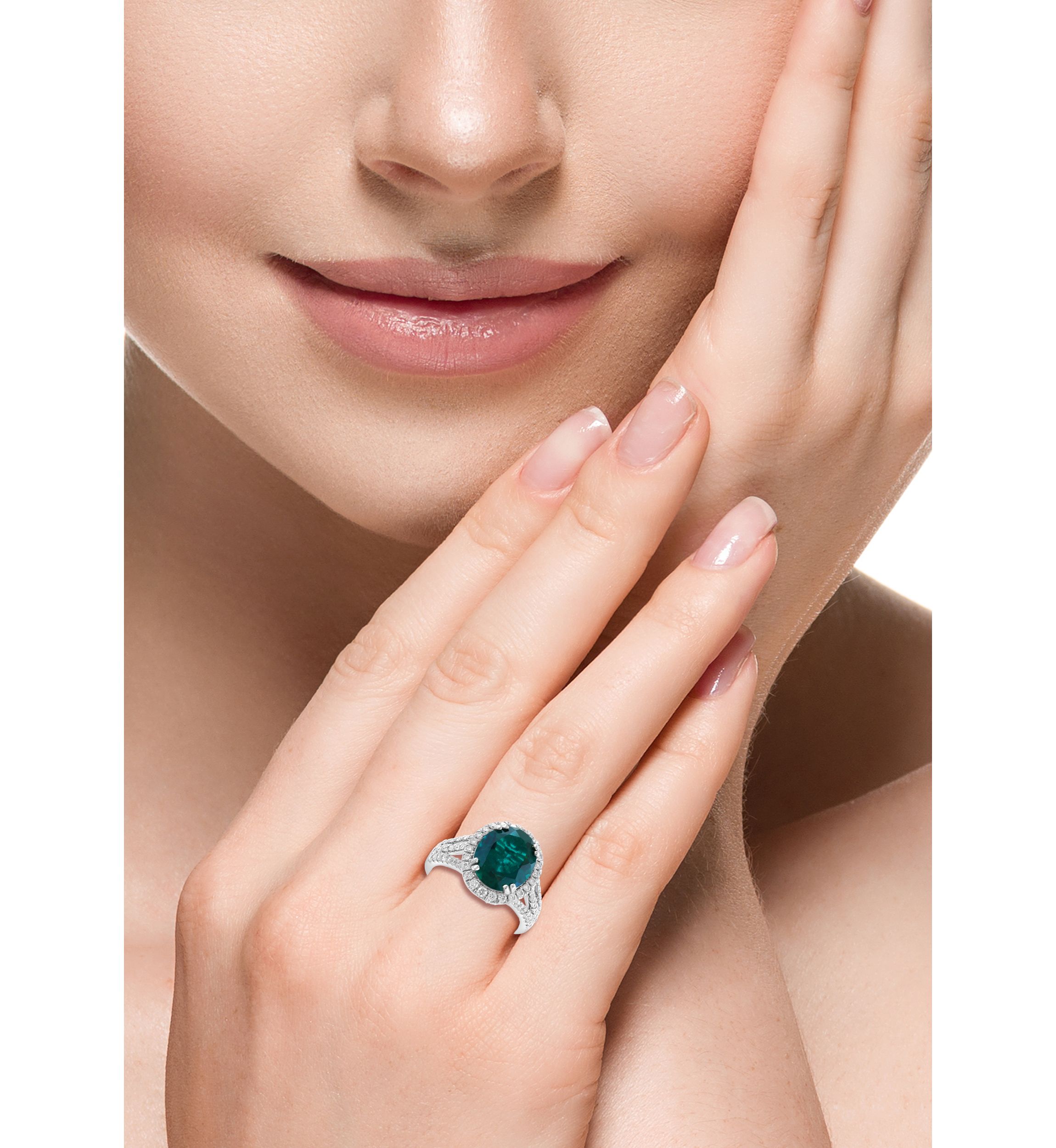  14K White Gold Lab Grown Diamond, Lab Grown Emerald Ring with 12 mm x 10 mm Center 