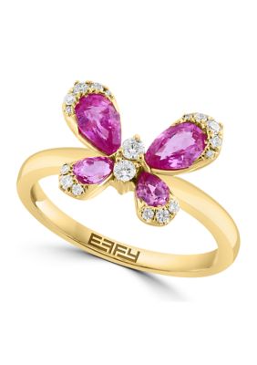 Effy 1/6 Ct. T.w. Diamond And Pink Sapphire Butterfly Ring In 14K Yellow Gold