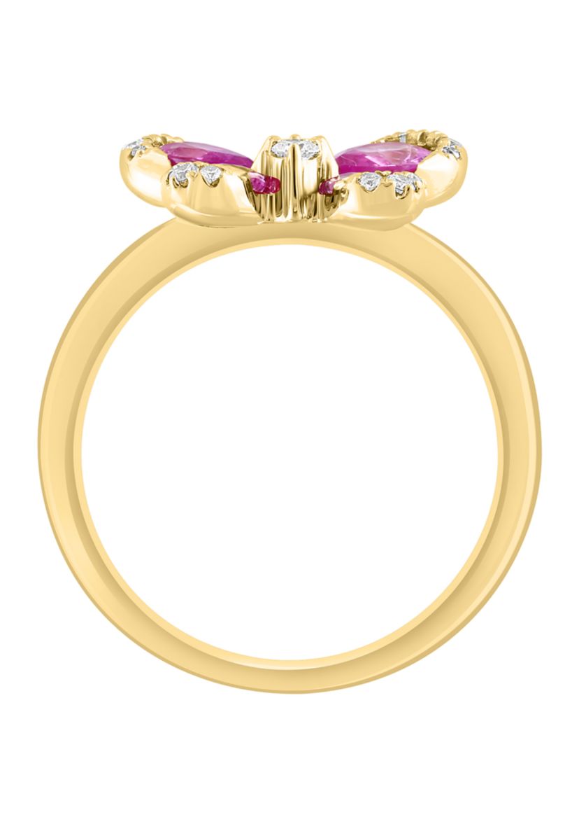 1/6 ct. t.w. Diamond and Pink Sapphire Butterfly Ring in 14K Yellow Gold
