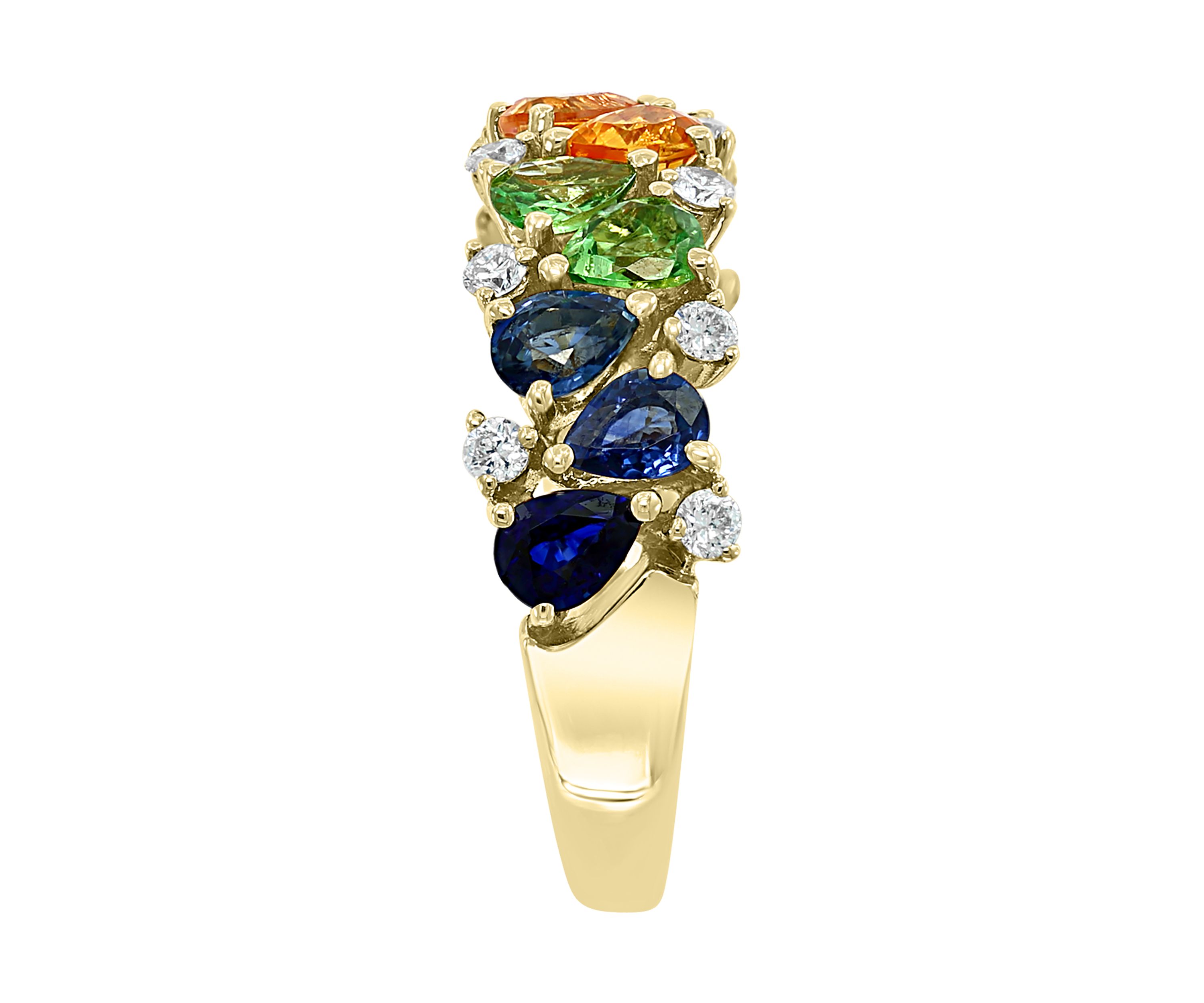 	 14K Yellow Gold Diamond, Pink Sapphire, Natural Ruby, Natural Sapphire, Tsavorite, and Yellow Sapphire Ring