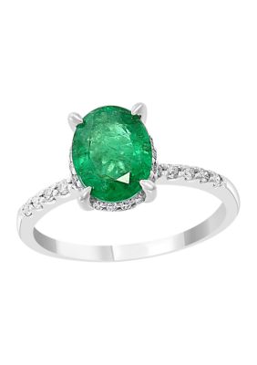 Effy 1/5 Ct. T.w. Diamond And 1.52 Ct. T.w. Emerald Oval Ring In 14K White Gold, 7 -  0191120347301