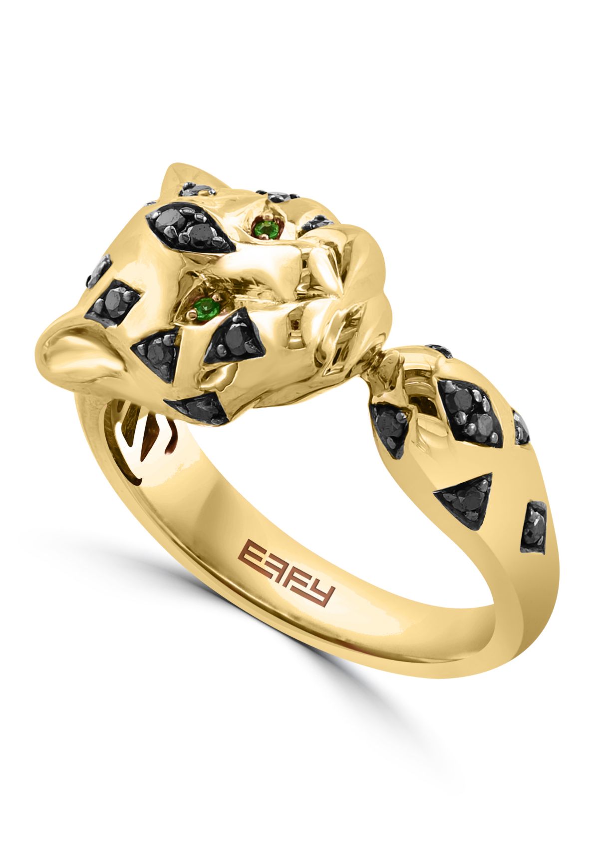 14K Yellow Gold Black Diamond, Tsavorite Panther Ring
