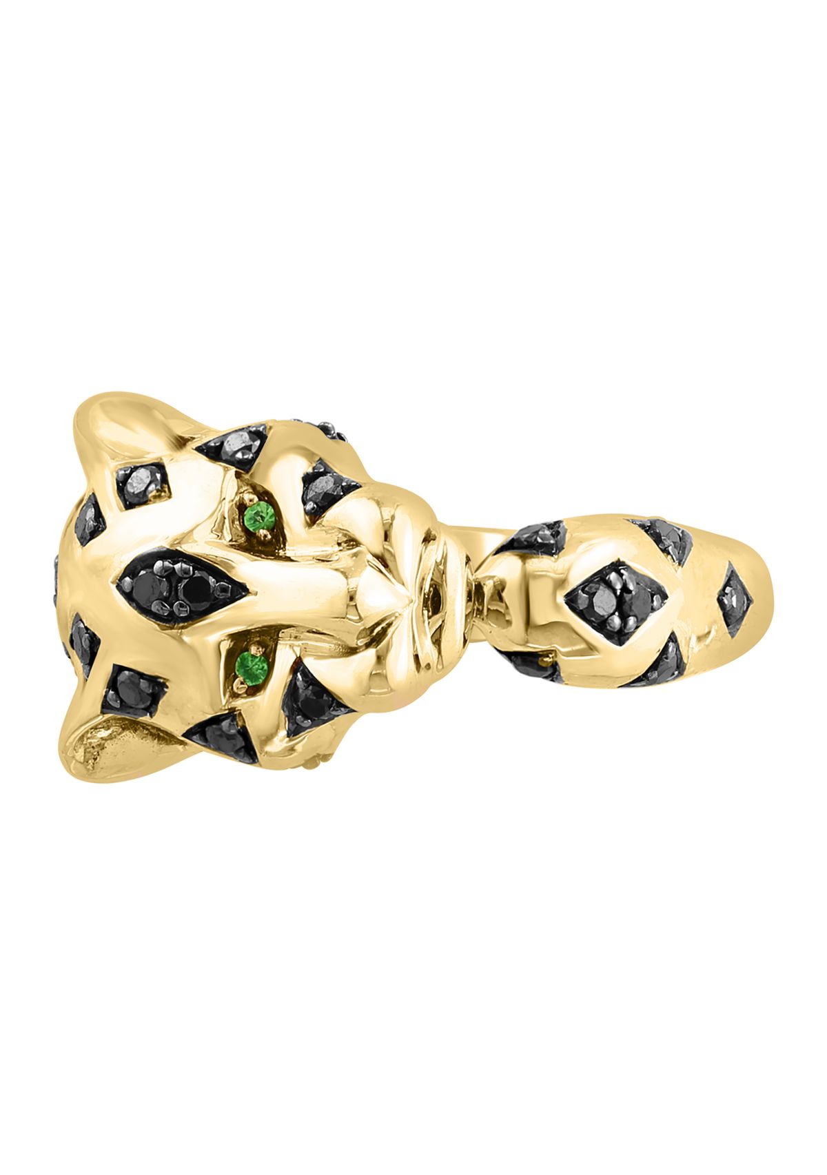 14K Yellow Gold Black Diamond, Tsavorite Panther Ring