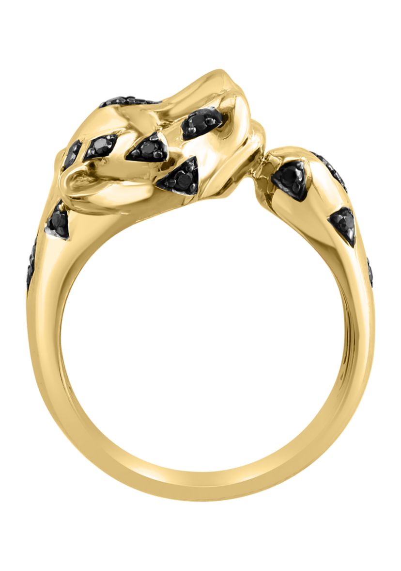 14K Yellow Gold Black Diamond, Tsavorite Panther Ring