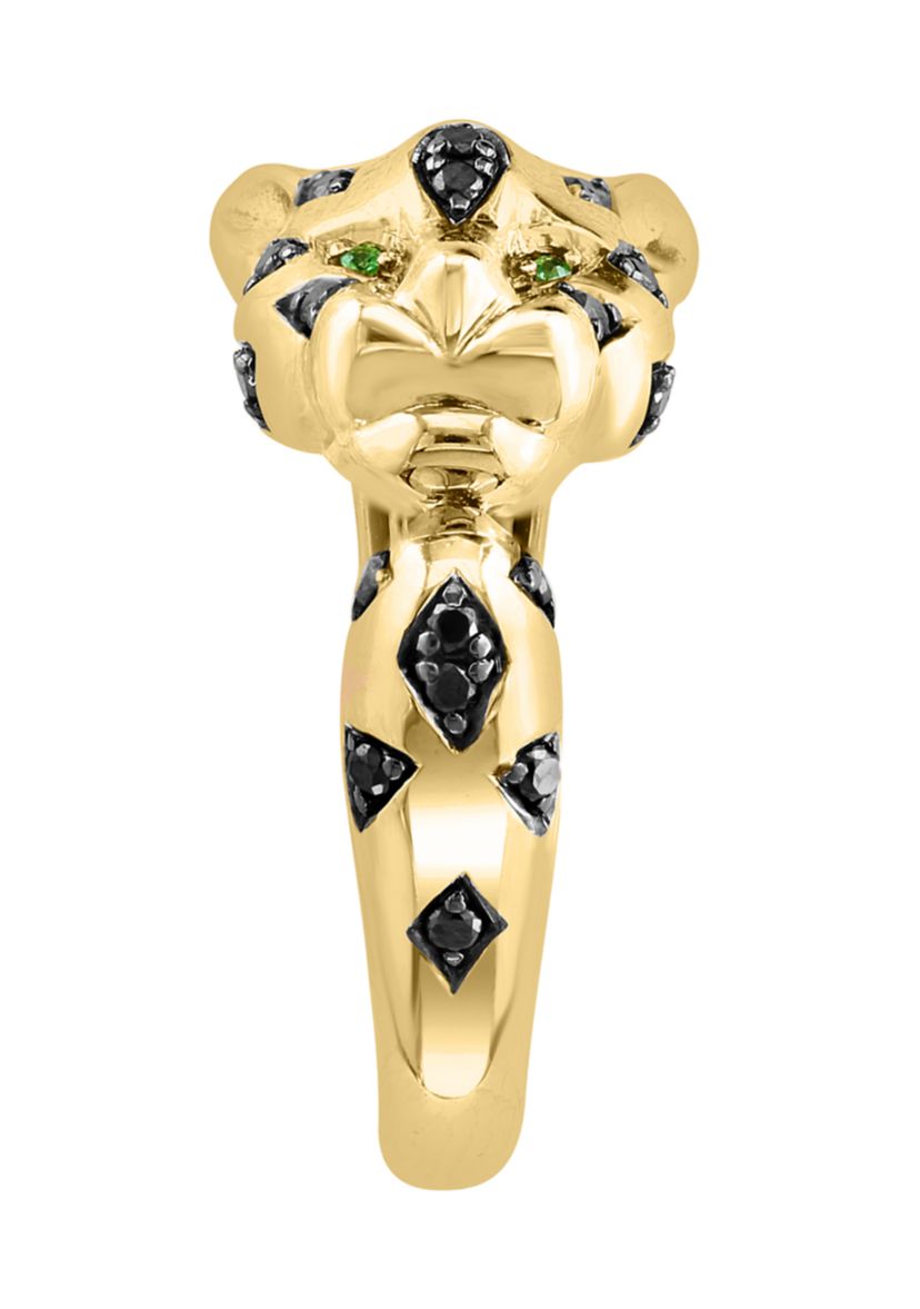 14K Yellow Gold Black Diamond, Tsavorite Panther Ring