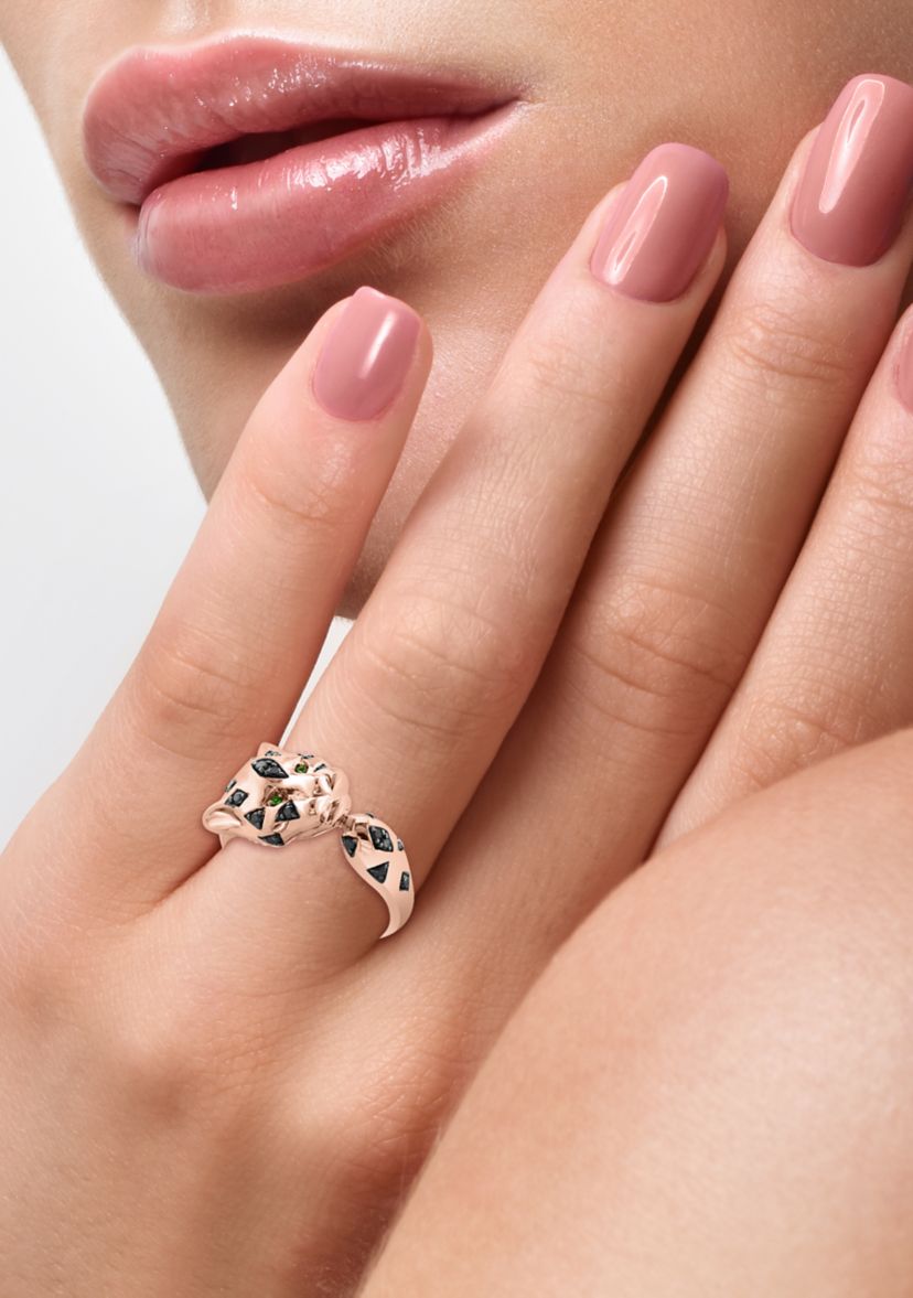 14K Yellow Gold Black Diamond, Tsavorite Panther Ring