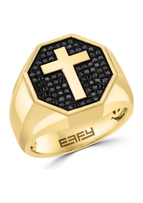 Effy Men's Gold Plated Black Diamond Cross Ring In Sterling Silver