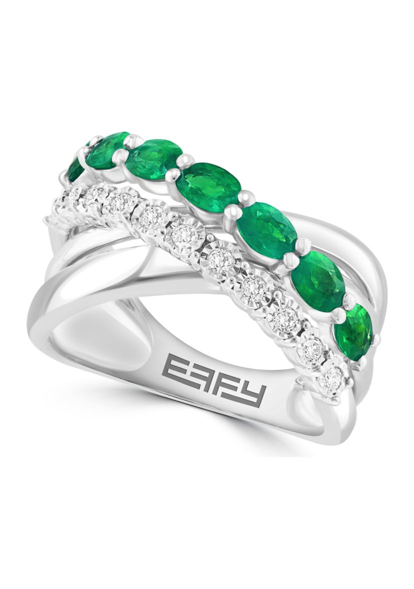 Diamond and Natural Emerald Ring in Sterling Silver