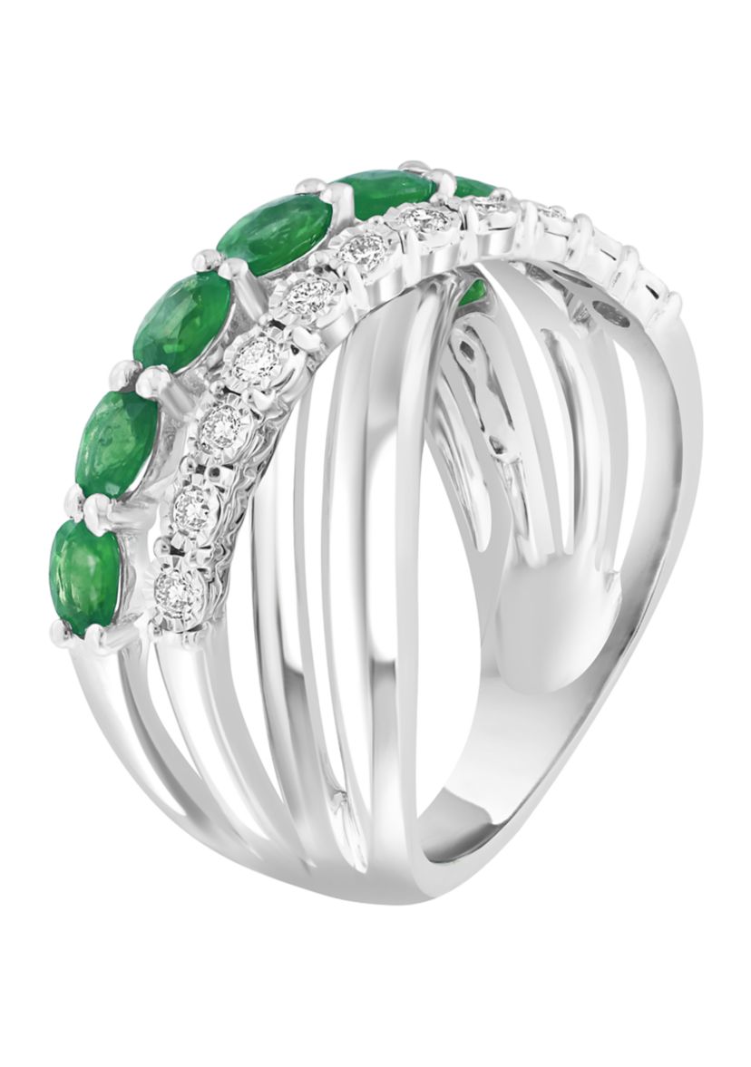 Diamond and Natural Emerald Ring in Sterling Silver
