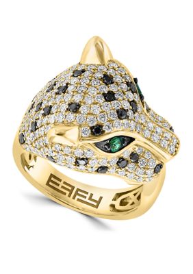 Effy Black Diamond and Emerald Panther Ring in 14K Yellow Gold, 7 -  0191120887227