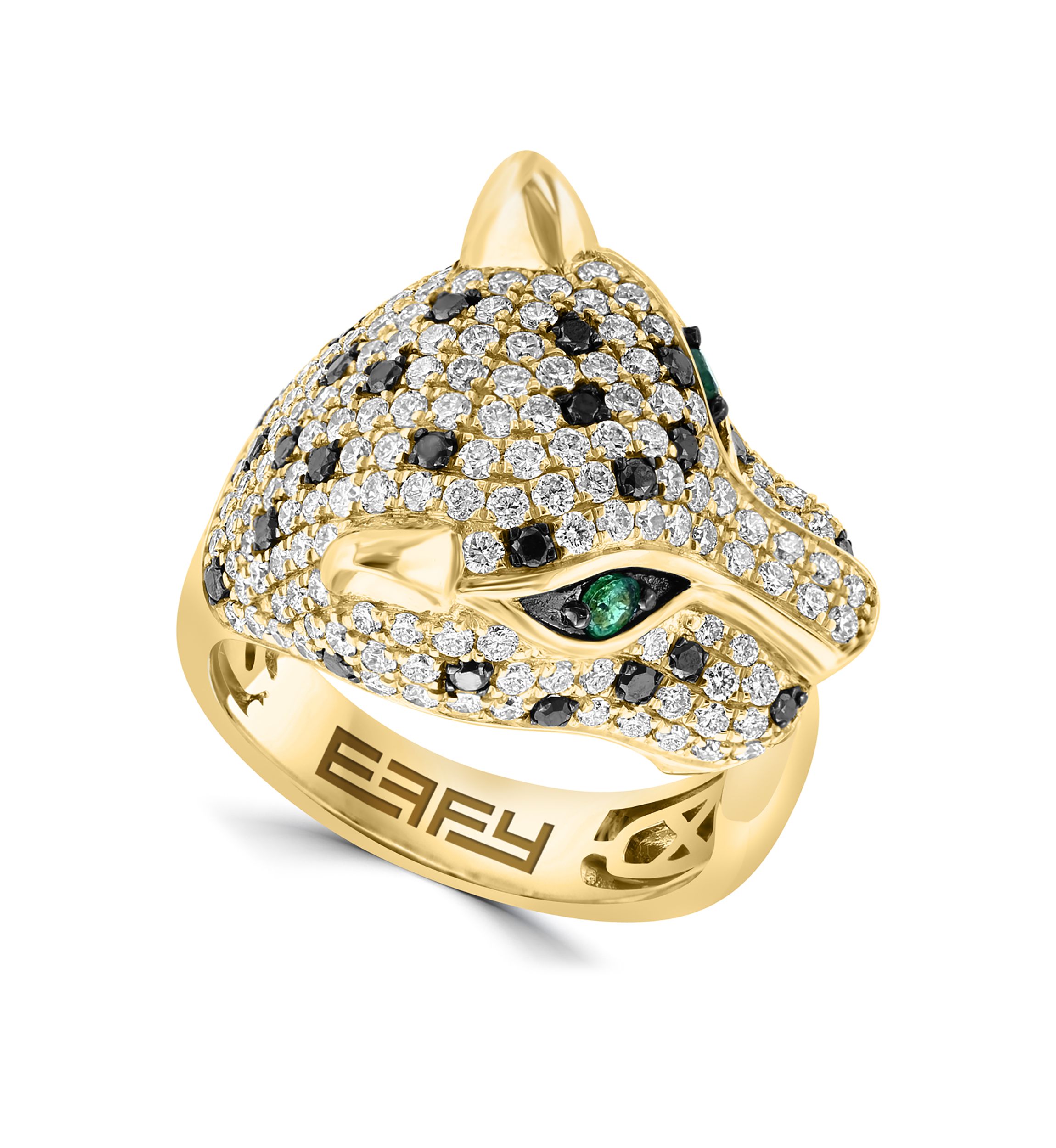 Black Diamond and Emerald Panther Ring in 14K Yellow Gold