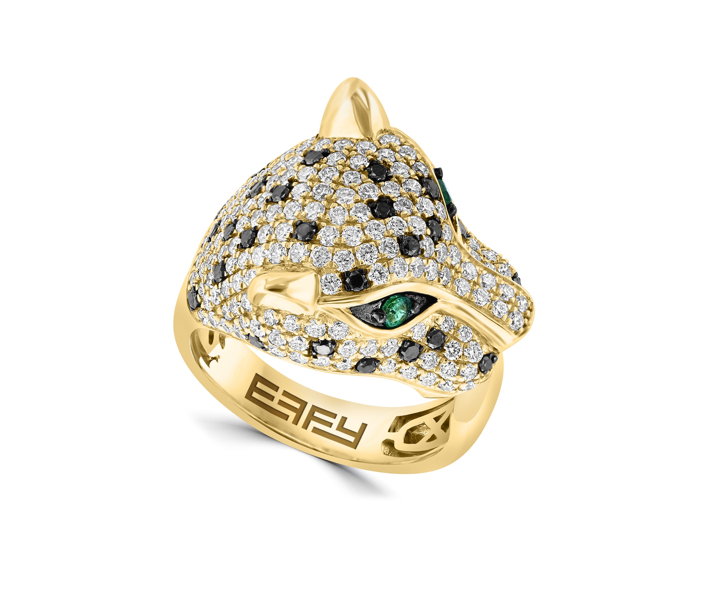 Black Diamond and Emerald Panther Ring in 14K Yellow Gold