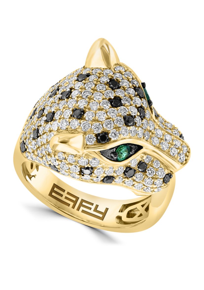 Black Diamond and Emerald Panther Ring in 14K Yellow Gold
