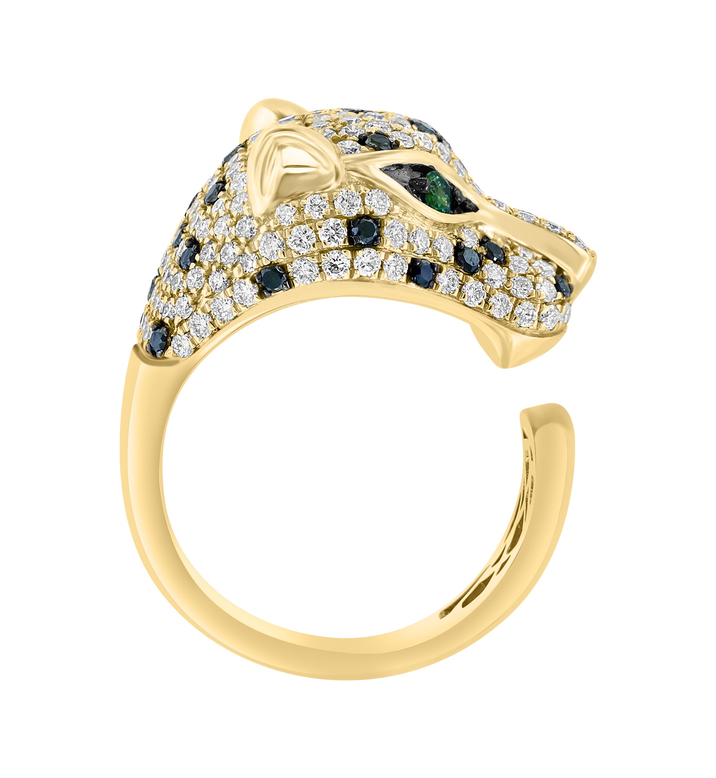 Black Diamond and Emerald Panther Ring in 14K Yellow Gold