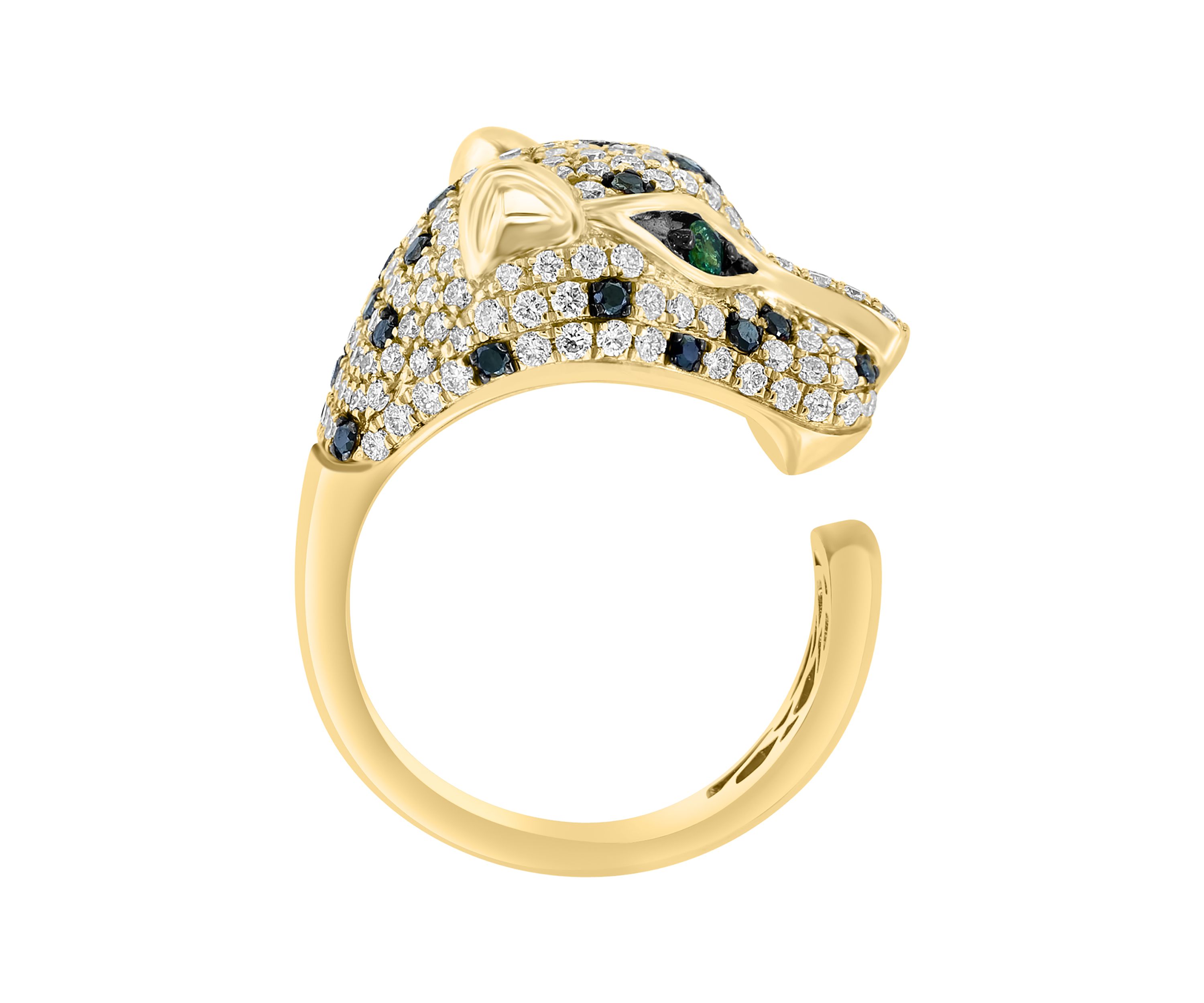 Black Diamond and Emerald Panther Ring in 14K Yellow Gold