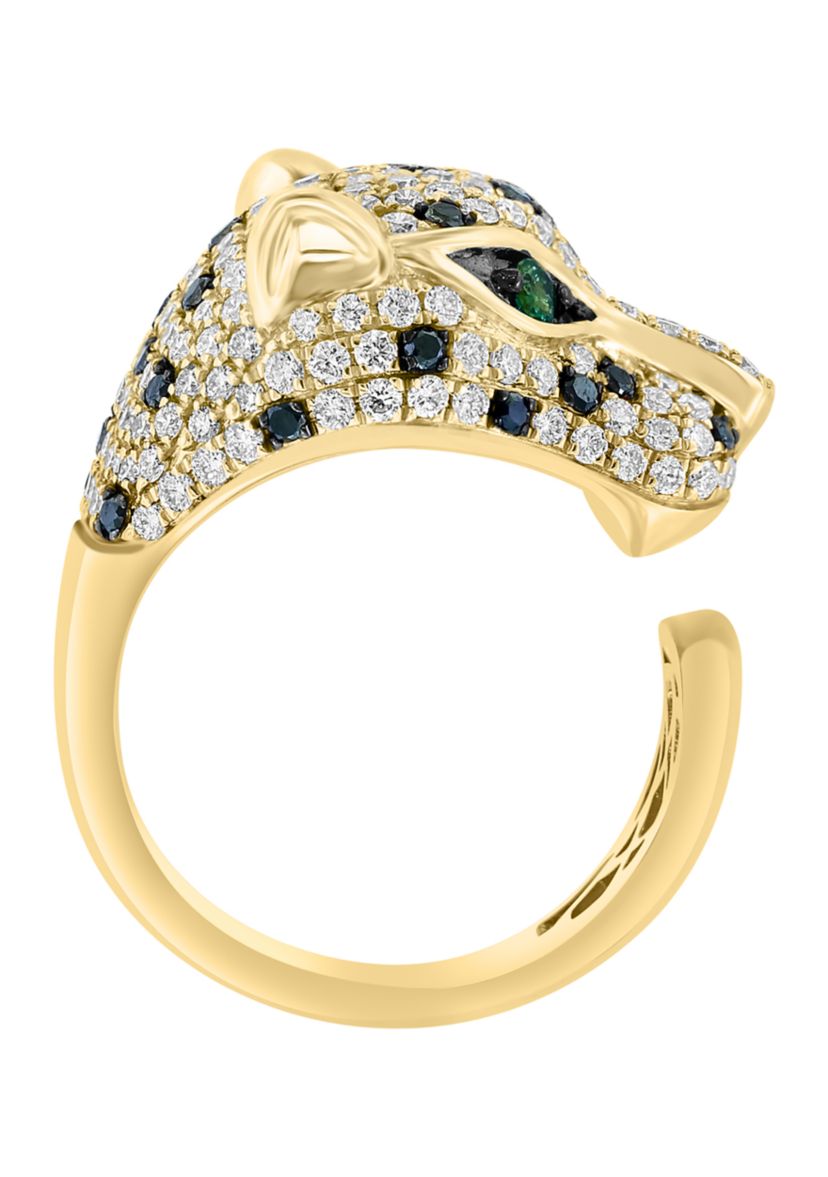 Black Diamond and Emerald Panther Ring in 14K Yellow Gold