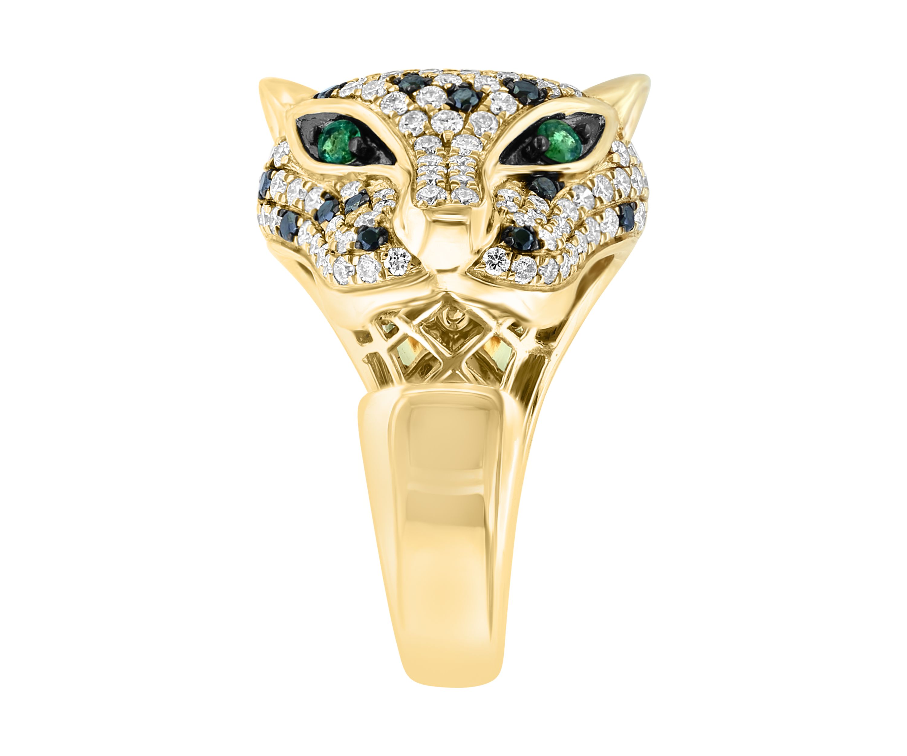 Black Diamond and Emerald Panther Ring in 14K Yellow Gold