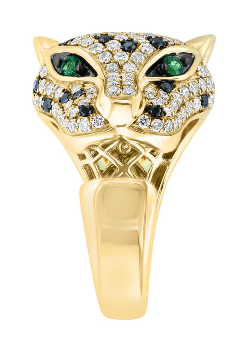 Black Diamond and Emerald Panther Ring in 14K Yellow Gold