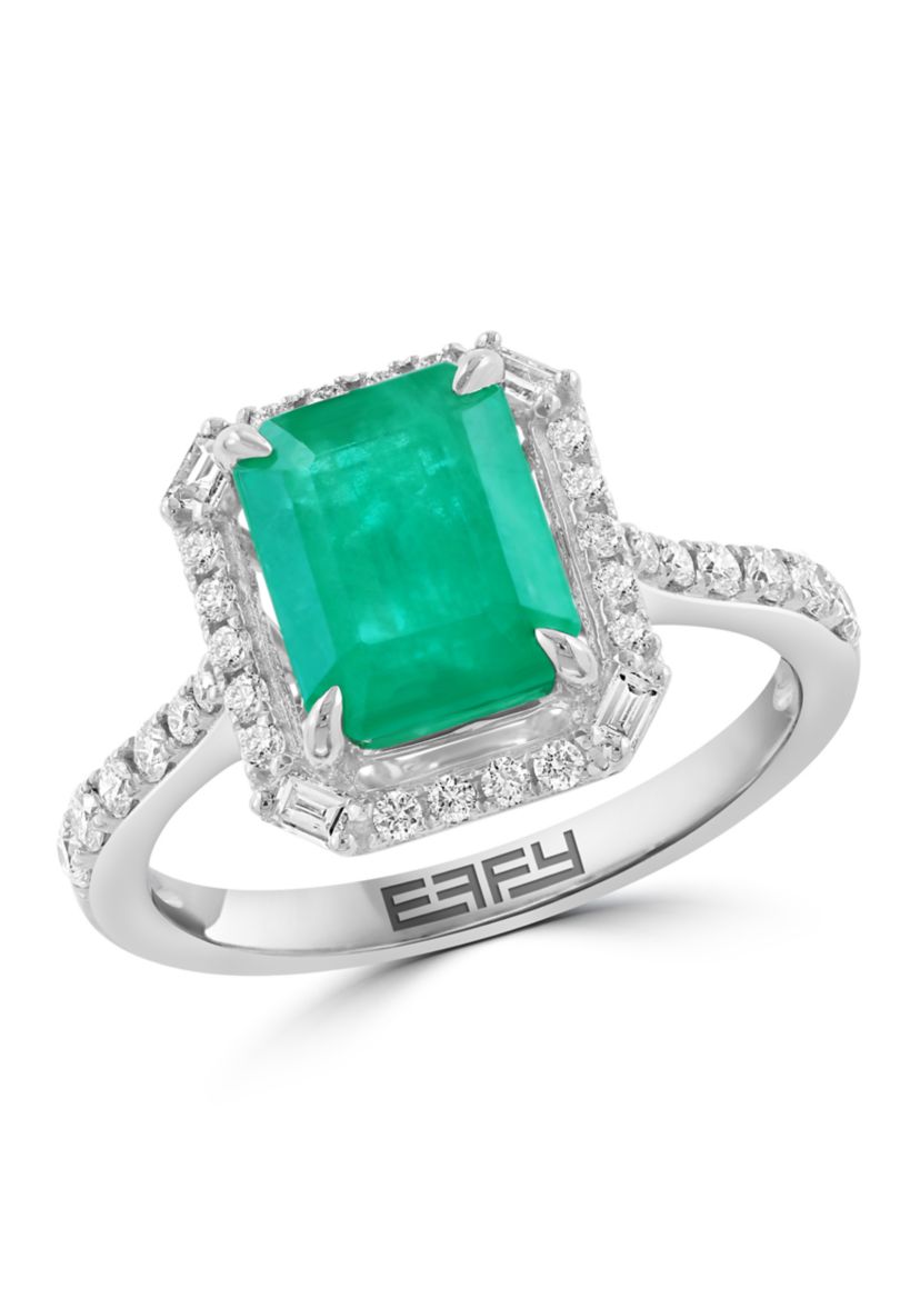 14K White Gold Diamond, Natural Emerald Ring 