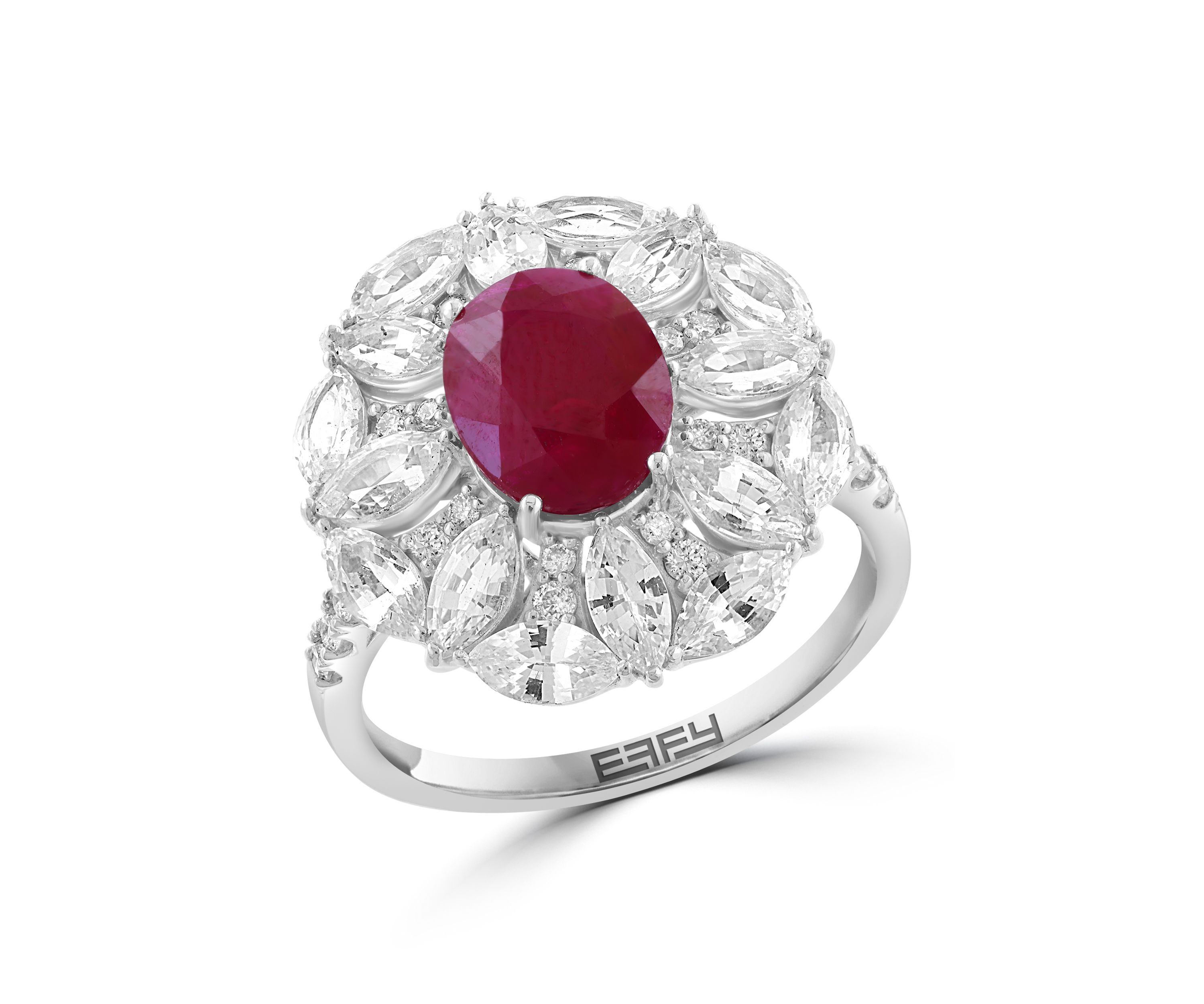 14K White Gold Diamond, Natural Ruby, and White Sapphire Ring