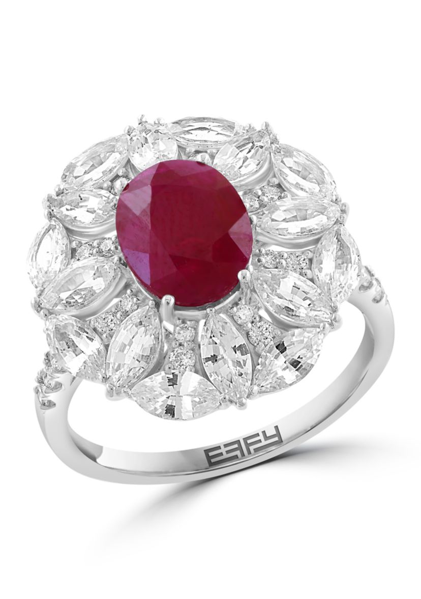 14K White Gold Diamond, Natural Ruby, and White Sapphire Ring
