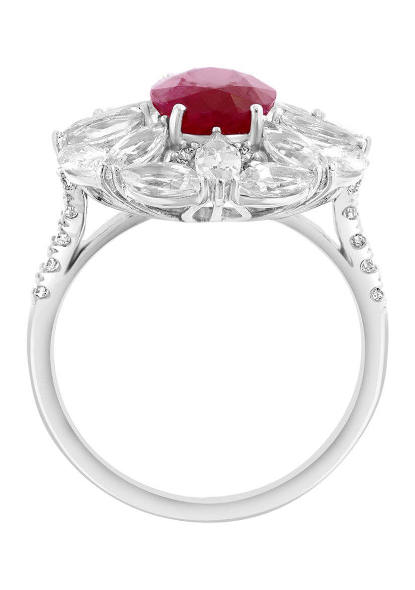 14K White Gold Diamond, Natural Ruby, and White Sapphire Ring