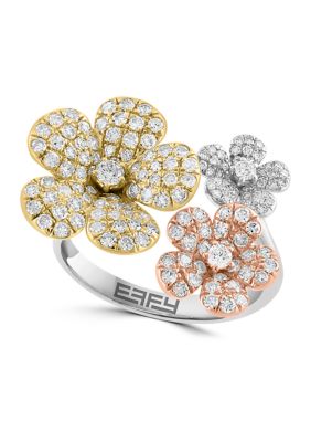 Effy 1.14 Ct. T.w. Diamond Flower Ring In 14K White, Yellow, And Pink Gold