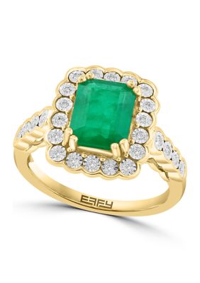 Effy 14K White & Yellow Gold Diamond And Natural Emerald Ring